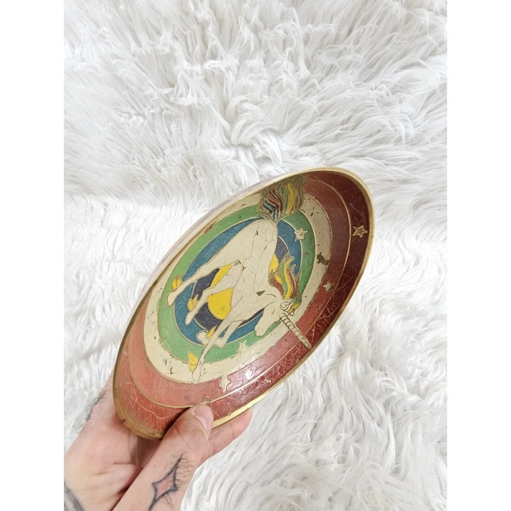 Vintage Beautiful Antique Brass Enamel Bowl with Unicorn - Pedestal Mughal Morad
